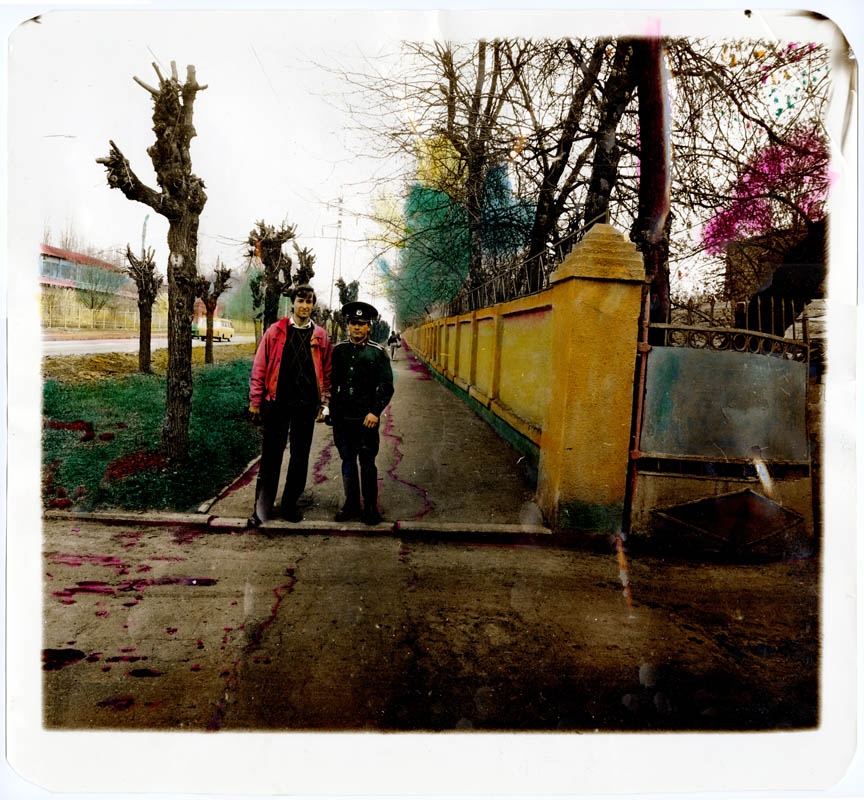 A cadet and his relative pose on Vesnina Street. Kharkiv A cadet and his relative pose on Vesnina Street. Kharkiv